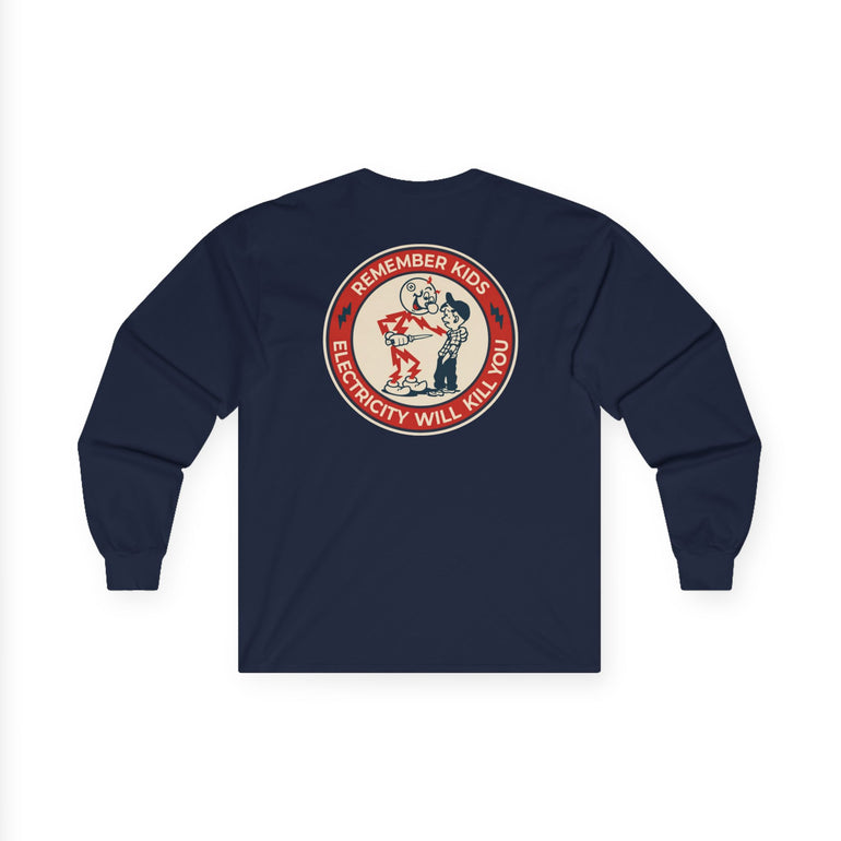 Navy Reddy Kilowatt long sleeve shirt with vintage electrician graphic