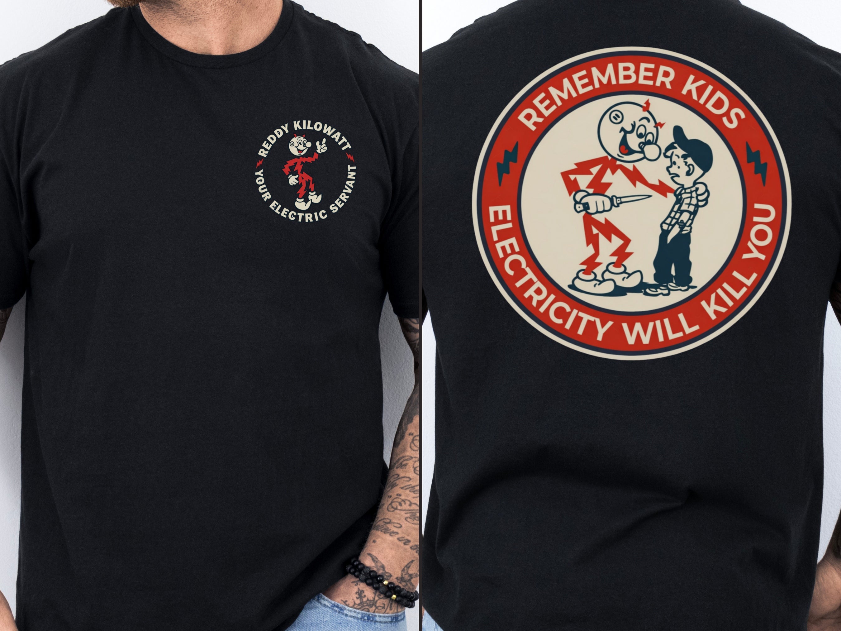 Black Reddy Kilowatt electrician shirt with front logo and large back design