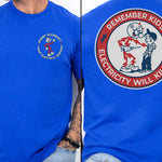 Royal blue Reddy Kilowatt electrician shirt with front chest and back graphic