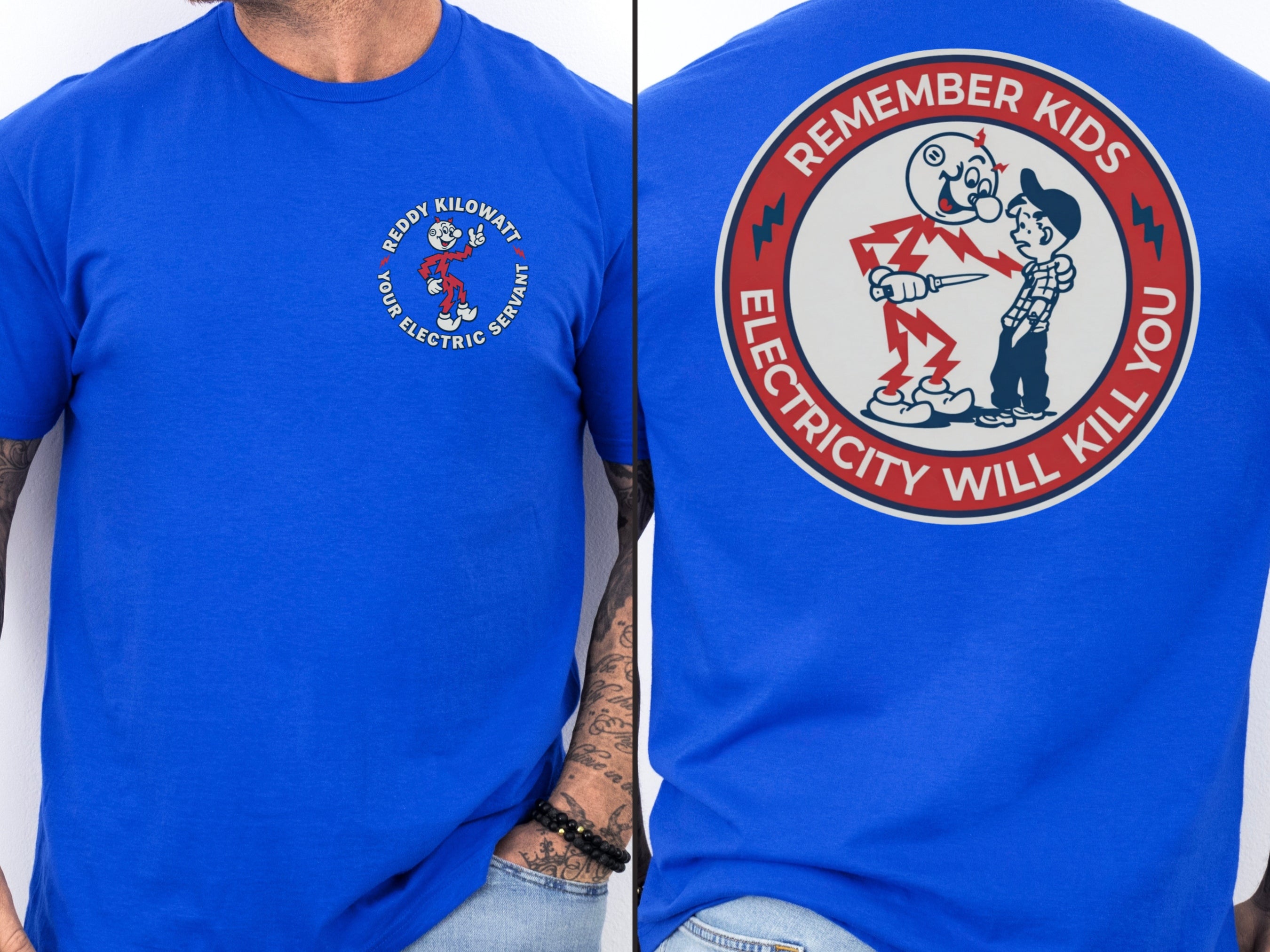 Royal blue Reddy Kilowatt electrician shirt with front chest and back graphic