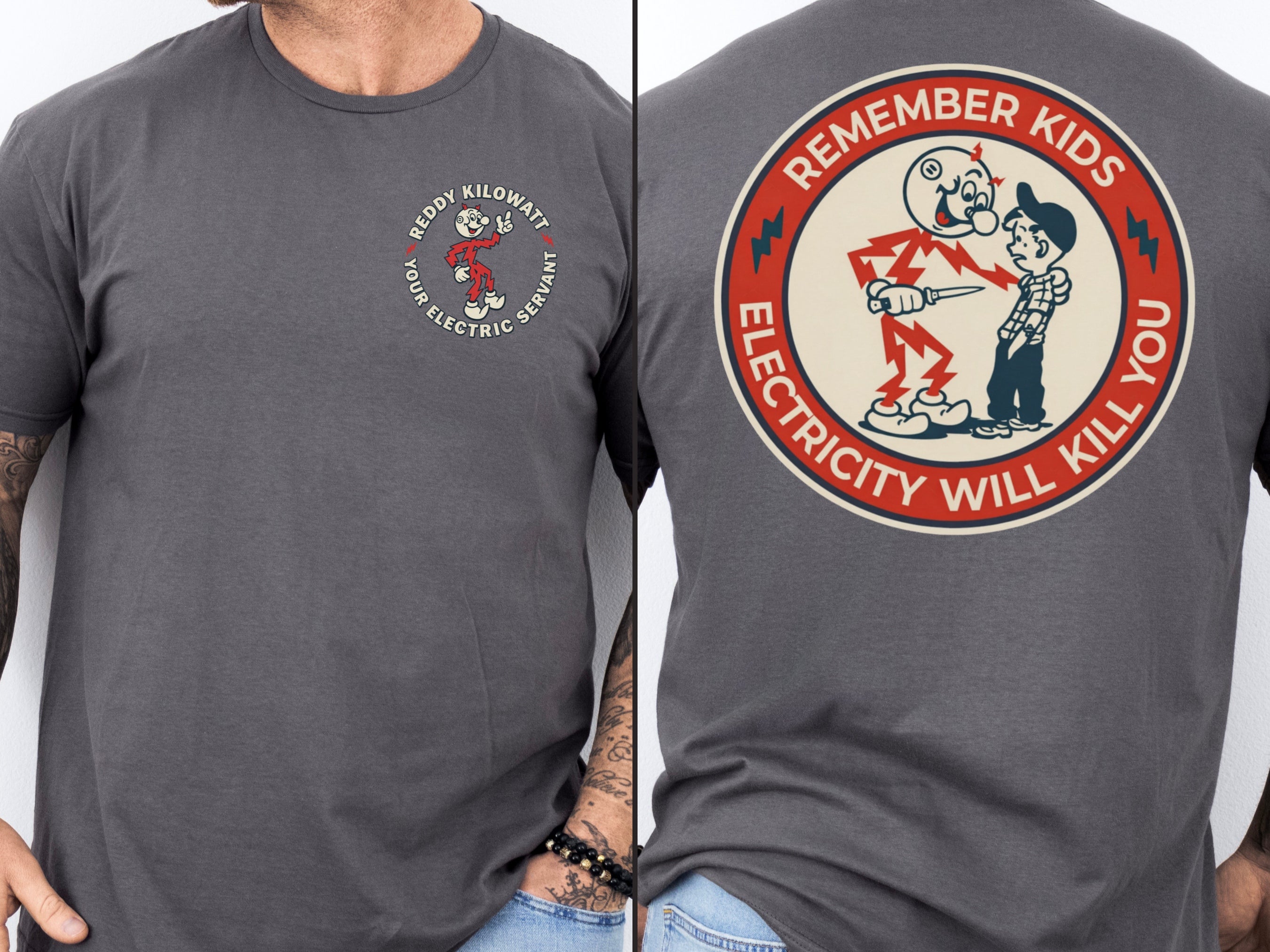 Dark gray Reddy Kilowatt shirt with vintage utility worker graphic