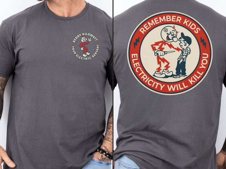 Dark gray Reddy Kilowatt shirt with vintage utility worker graphic