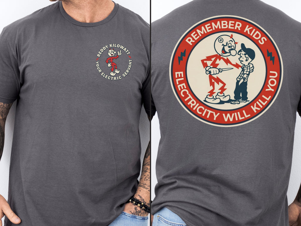 Dark gray Reddy Kilowatt shirt with vintage utility worker graphic