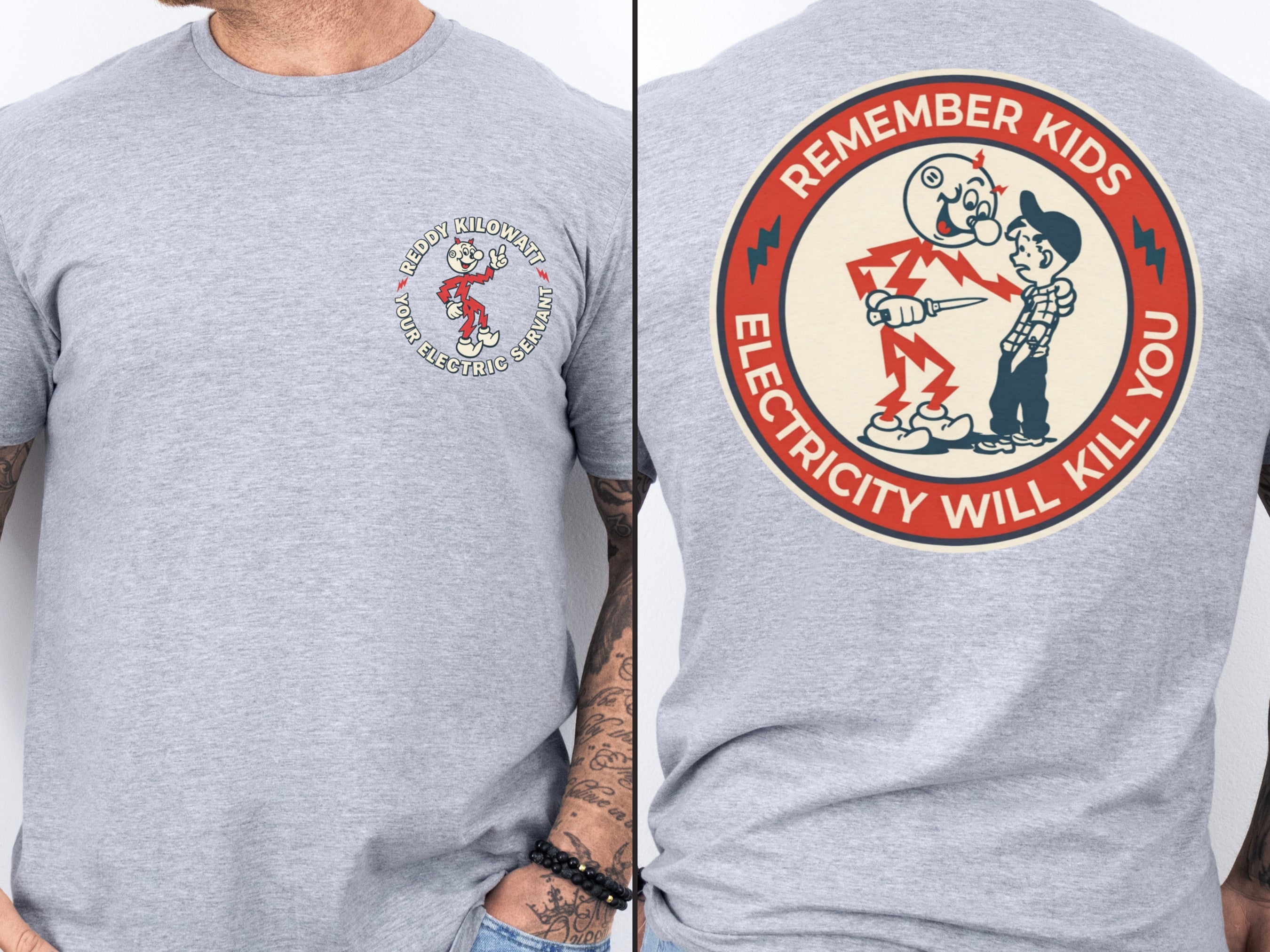 Sport gray Reddy Kilowatt shirt with vintage electrician graphic for linemen