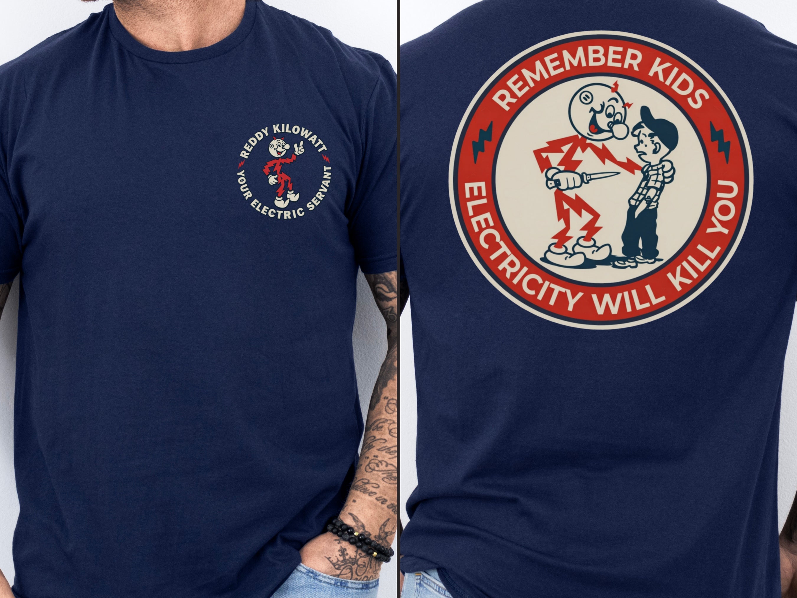 Reddy Kilowatt shirt front and back mockup with vintage electrical trade graphic