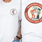 White Reddy Kilowatt graphic tee for electricians linemen and utility workers