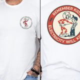 White Reddy Kilowatt graphic tee for electricians linemen and utility workers