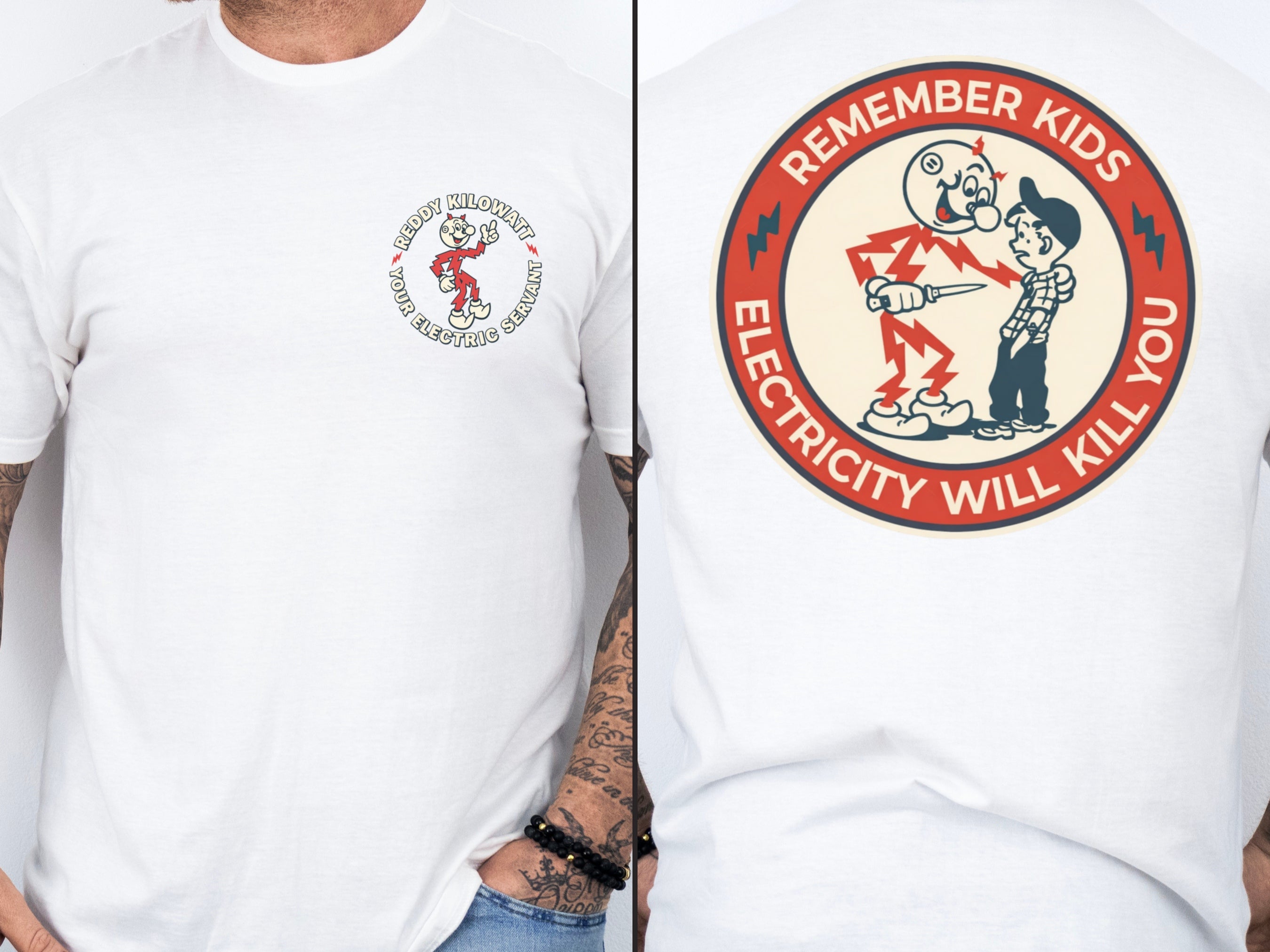 White Reddy Kilowatt graphic tee for electricians linemen and utility workers