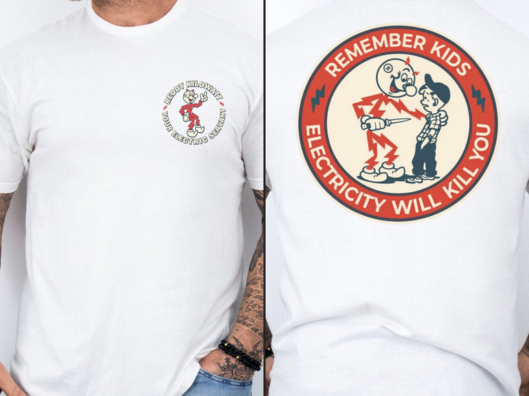 White Reddy Kilowatt graphic tee for electricians linemen and utility workers