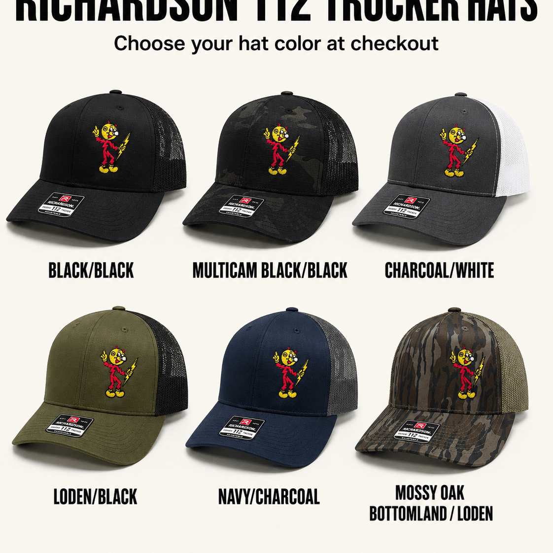 Six Reddy Kilowatt embroidered Richardson trucker hat colors: Black / Black, Multicam Black / Black, Charcoal / White, Loden / Black, Navy / Charcoal, and Mossy Oak Bottomland / Loden