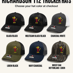 Six Reddy Kilowatt embroidered Richardson trucker hat colors: Black / Black, Multicam Black / Black, Charcoal / White, Loden / Black, Navy / Charcoal, and Mossy Oak Bottomland / Loden