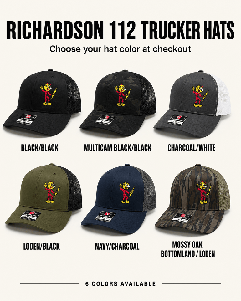 Six Reddy Kilowatt embroidered Richardson trucker hat colors: Black / Black, Multicam Black / Black, Charcoal / White, Loden / Black, Navy / Charcoal, and Mossy Oak Bottomland / Loden