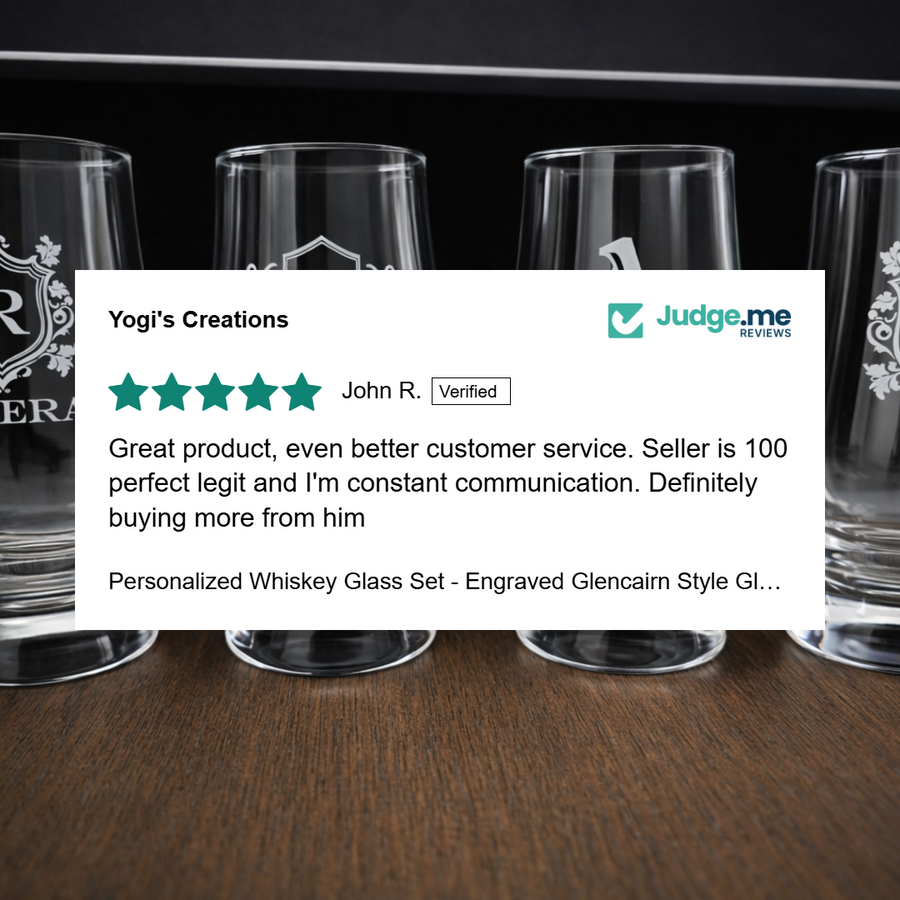 Verified customer review for engraved drinkware from Yogi's Creations