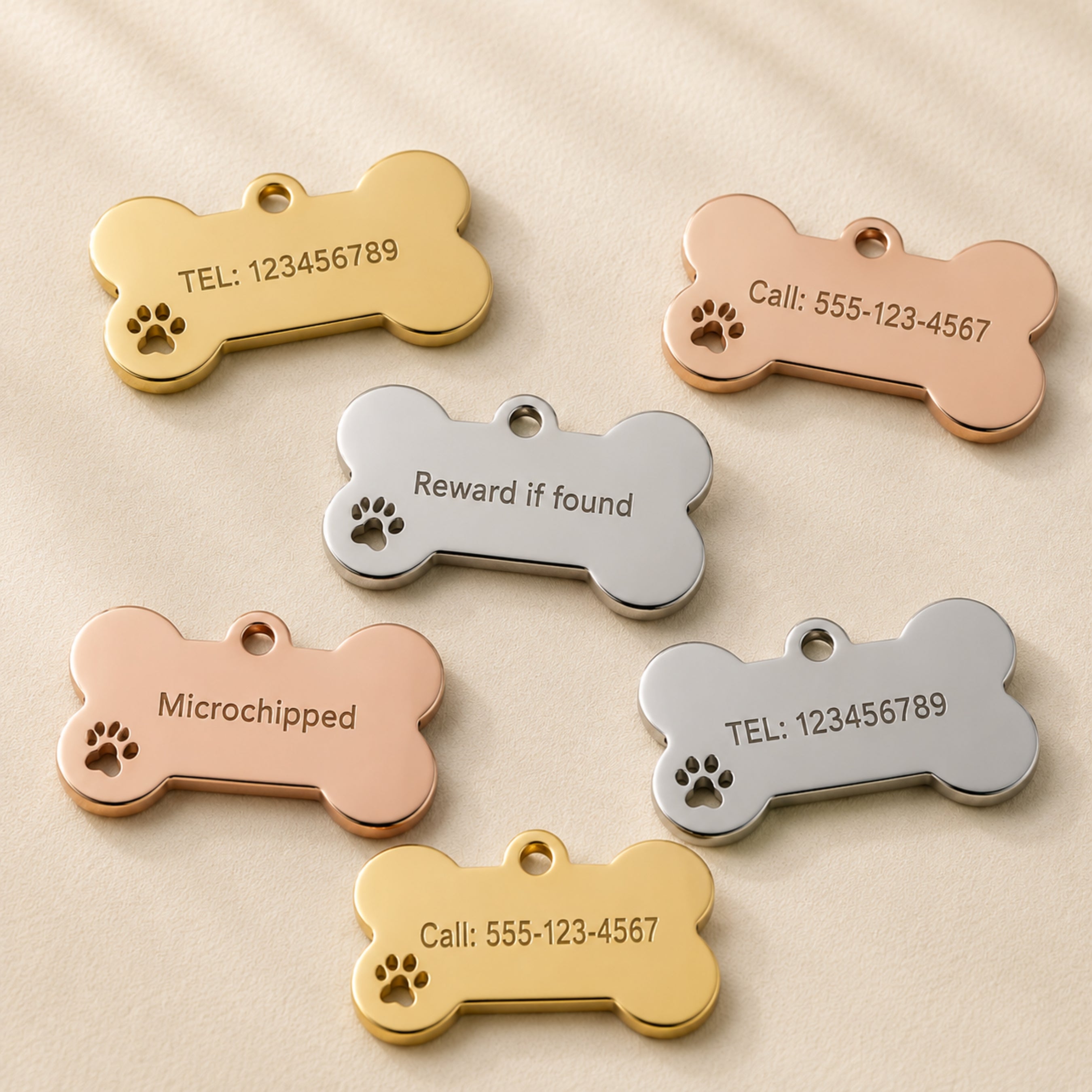 Back engraving example on stainless steel bone pet tags with phone number and pet safety details