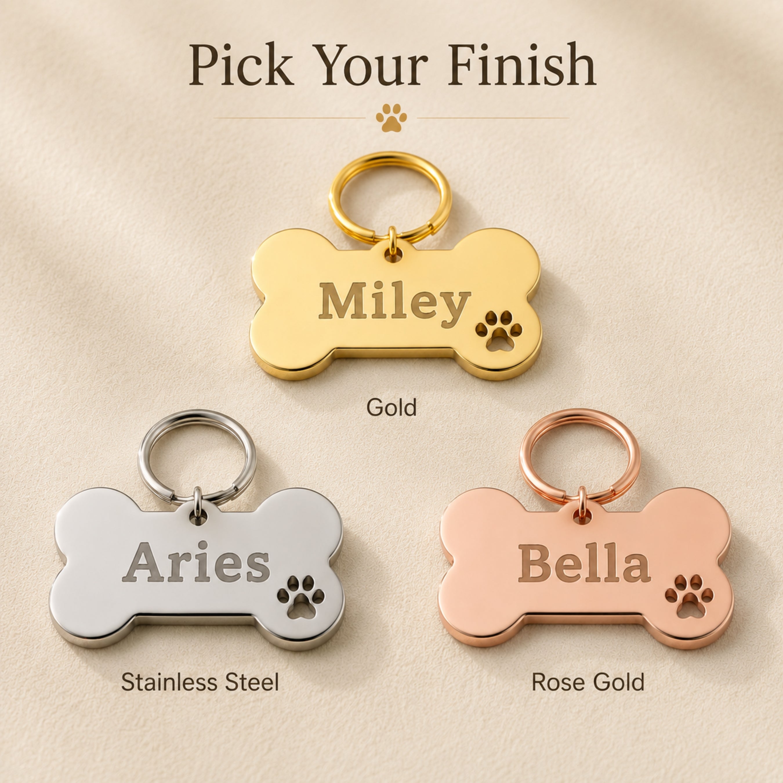 Finish options for stainless steel bone pet tags including gold stainless and rose gold