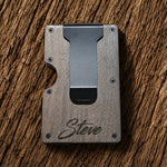 Back side of walnut lineman wallet showing personalized name engraving on the money clip