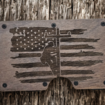 Walnut lineman wallet money clip with engraved American flag and utility pole design