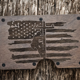 Walnut lineman wallet money clip with engraved American flag and utility pole design