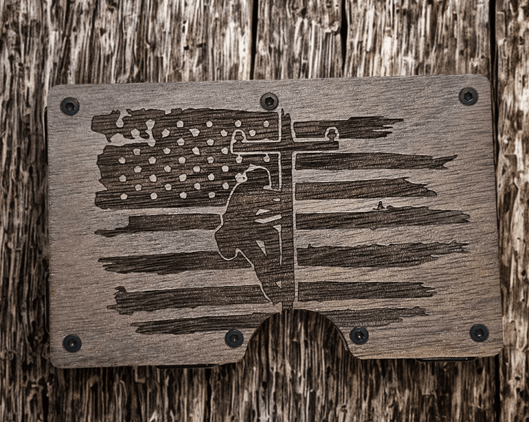 Walnut lineman wallet money clip with engraved American flag and utility pole design