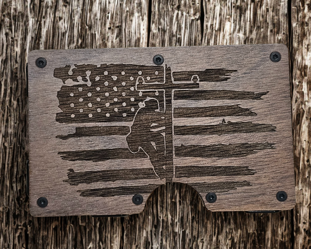 Walnut lineman wallet money clip with engraved American flag and utility pole design