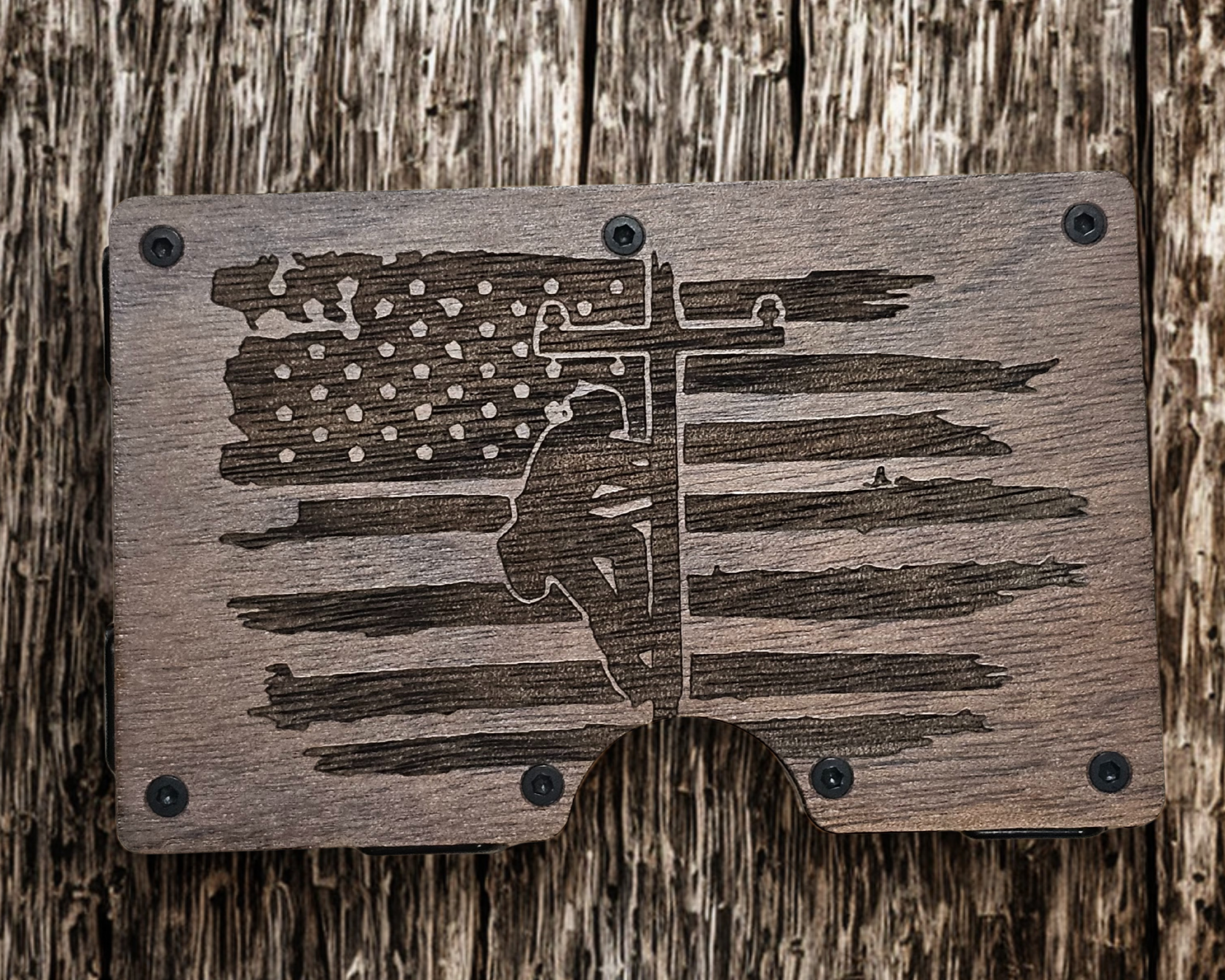 Walnut lineman wallet money clip with engraved American flag and utility pole design