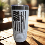 White Lineman’s Prayer tumbler with engraved American flag and lineworker design