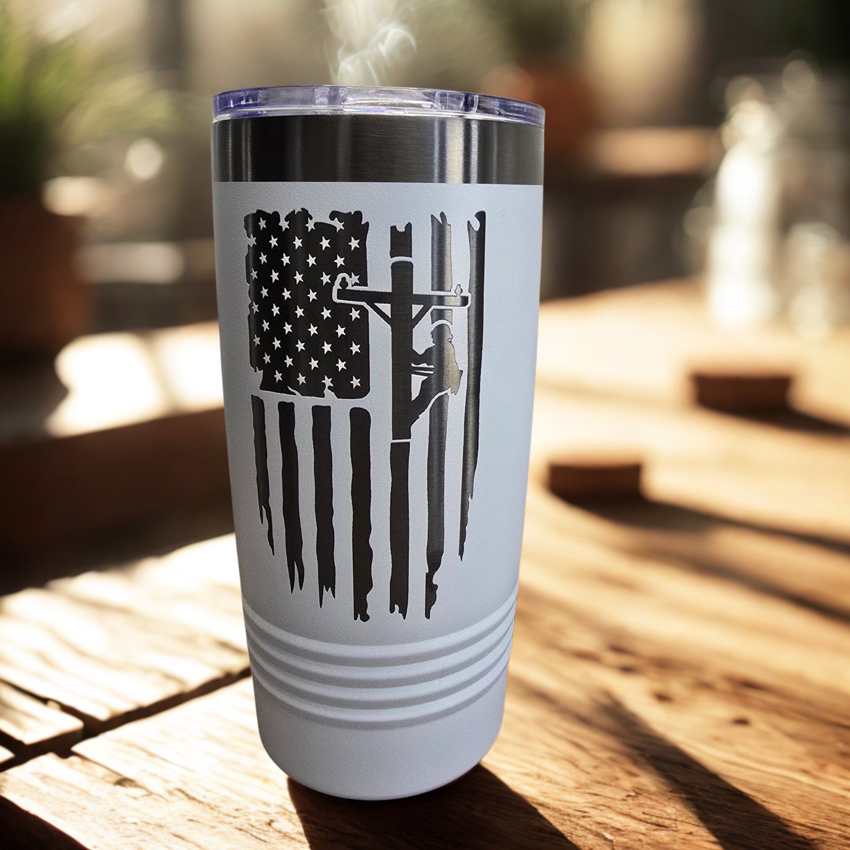 White Lineman’s Prayer tumbler with engraved American flag and lineworker design
