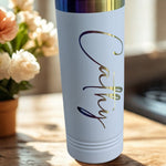 White Linewife insulated prism tumbler with utility pole design on warm coffee bar background