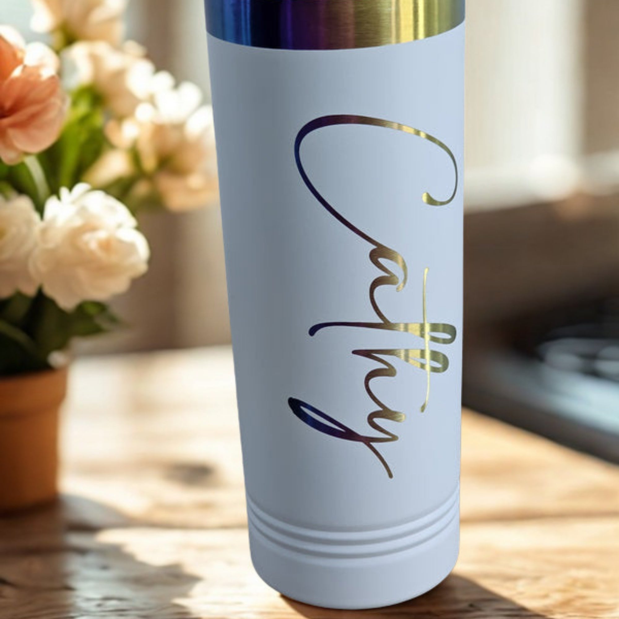White Linewife insulated prism tumbler with utility pole design on warm coffee bar background