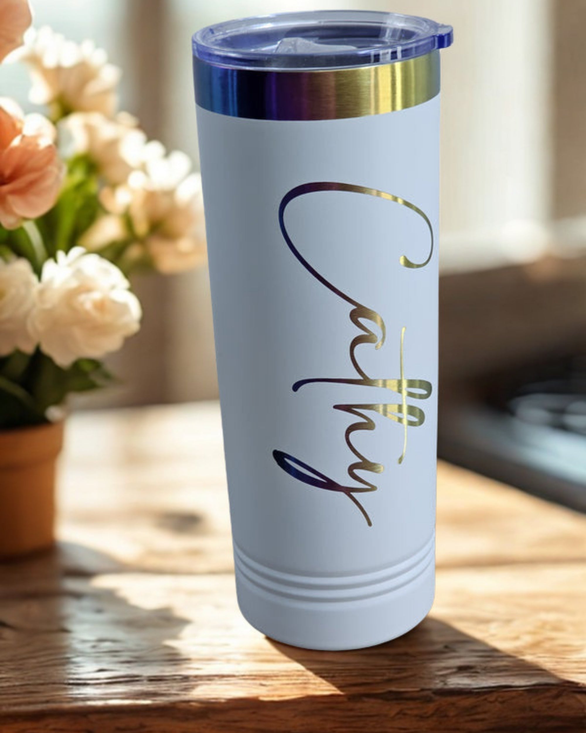 White Linewife insulated prism tumbler with utility pole design on warm coffee bar background