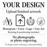 Your Design artwork upload infographic: finished monograms, crests, logos or line art; resizing and positioning included; no photographs or photo engraving
